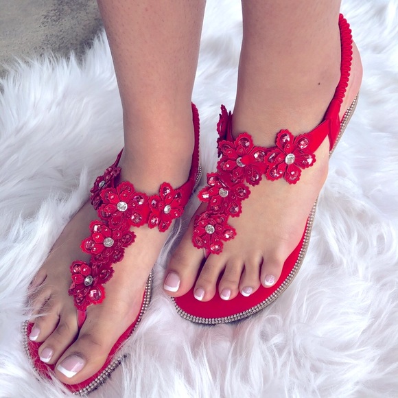 Red Flower Italina Rhinestone Thong Wedge Sandal - Picture 3 of 11